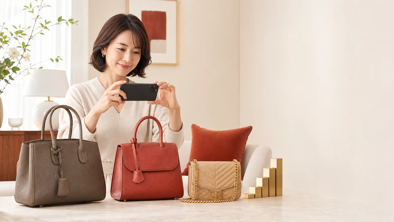スマートフォンでバッグを撮影してオンライン査定を依頼するイメージ